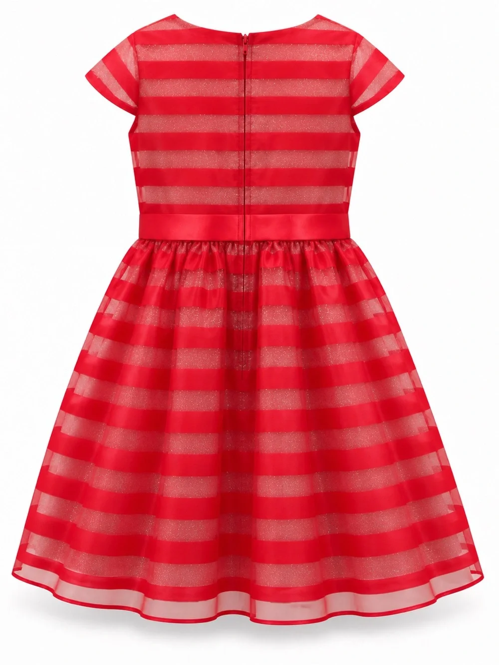 Red Striped Girls' Party Dress with Satin Waist Bow
